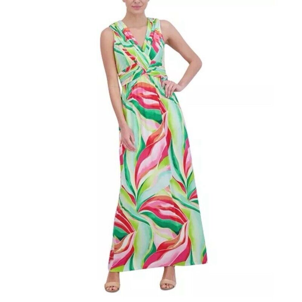 Sleeveless V-Neck Maxi Dress Size 6 Green Pink Floral Summer Vacation